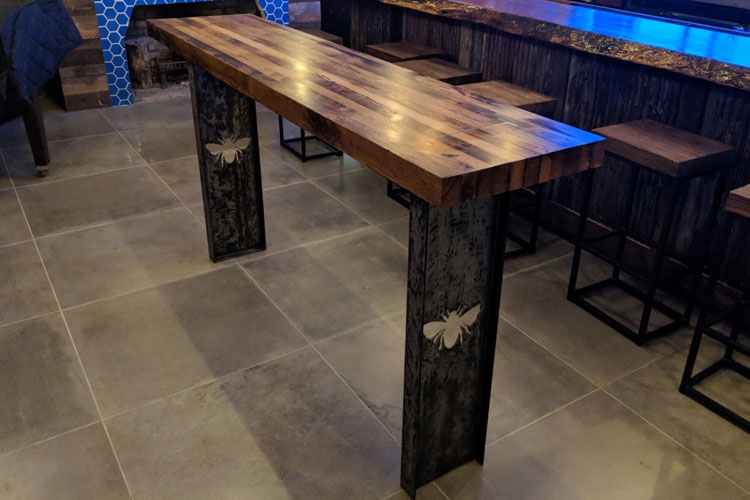 Bar Area: Steel and Reclaimed Barnwood standing bar table
